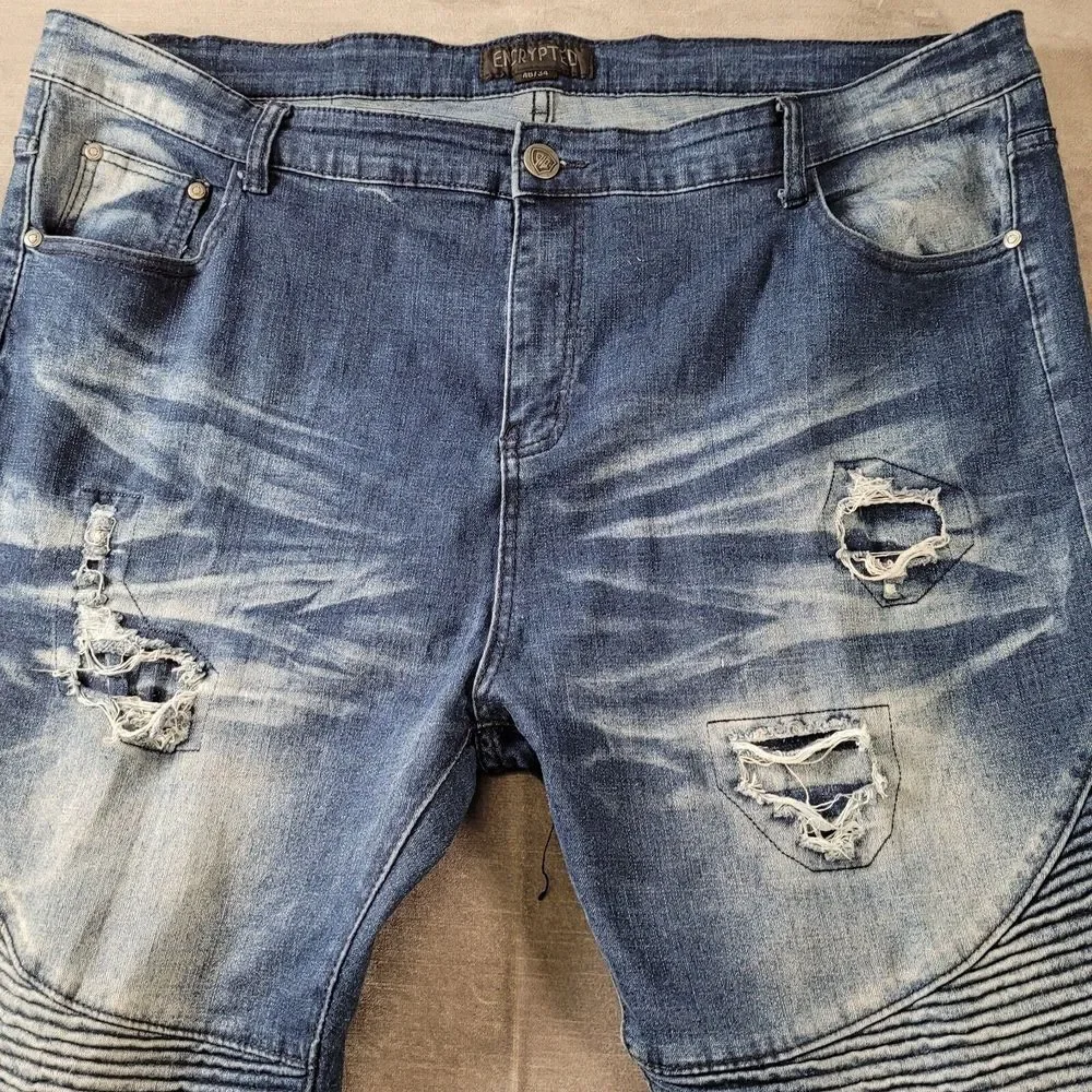 Encrypted Baggy Distressed Zipper Knees‎ Jeans Mens Blue Actual Size 44 x 33